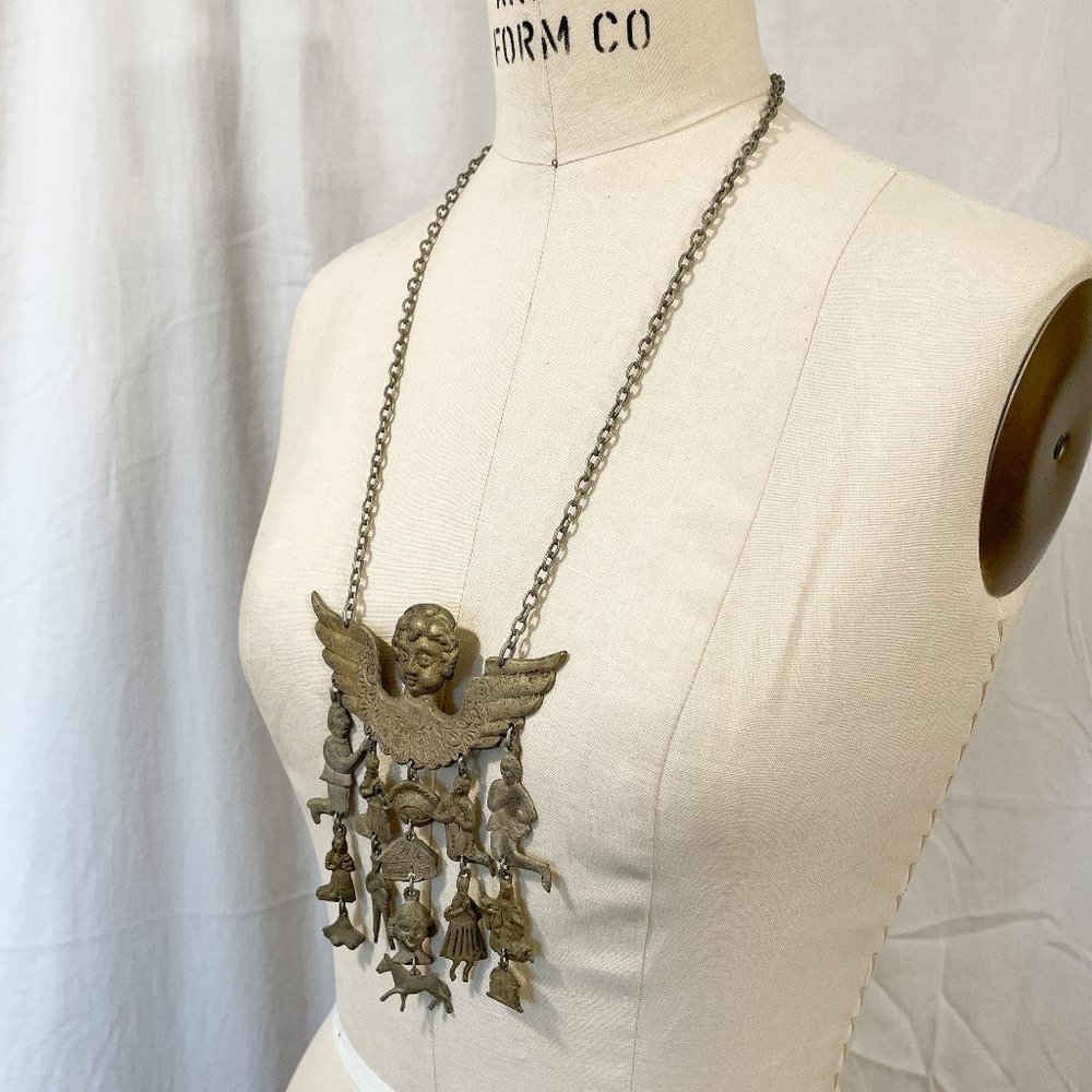 Vintage Brass Colored Metal Angel Necklace